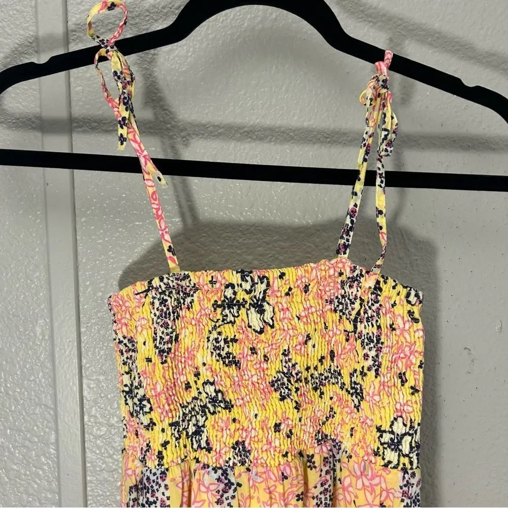Lilly Pulitzer Girls Yellow Floral Tie Straps Smocked Bodice Dress Size Small